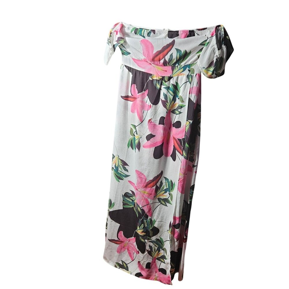 Parisian Petite Floral Maxi Dress With Off-Shoulder Design Sheer Overlay & Tie-S
